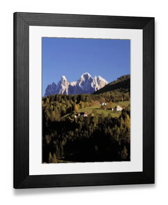 Framed Print : Europe, Italy, San Pietro. The crags of the Odle Group tower over the hillside village Framed Print : Europe, Italy, San Pietro. The crags of the Odle Group tower over the hillside village