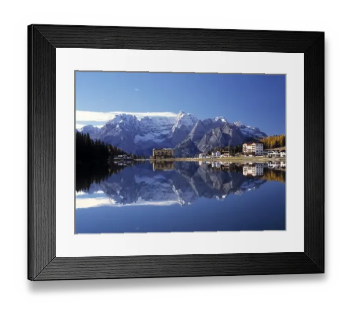 Framed Print : Europe, Italy, Lago Misurina. Lake Misurina is a mirror for the Tre Cime di Lavaredo Mountains