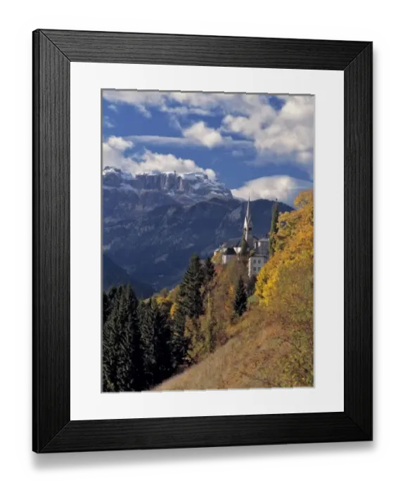 Framed Print : Europe, Italy, Pieve area. The sharp spires of a church near Pieve, in the Dolomite Alps