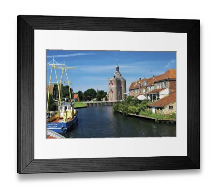 Framed Print : Netherlands, Enkhuizen, Classic Dutch vessels in the canal, Drommedaris Tower in the background Framed Print : Netherlands, Enkhuizen, Classic Dutch vessels in the canal, Drommedaris Tower in the background