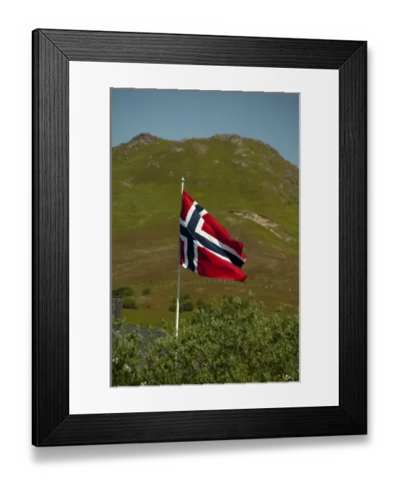 Framed Print : Norway, Nordland, Lofoten Archipelago. Norwegian flag Framed Print : Norway, Nordland, Lofoten Archipelago. Norwegian flag