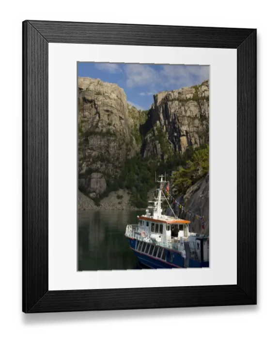 Framed Print : Norway, Stavanger, Lysefjord (aka Lyse Fjord). Sightseeing boat in Helleren area of fjord Framed Print : Norway, Stavanger, Lysefjord (aka Lyse Fjord). Sightseeing boat in Helleren area of fjord