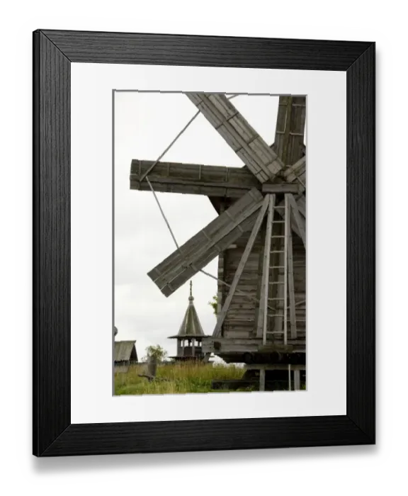 Framed Print : Russia, Lake Onega, Kizhi Island. Windmill with historic 9-domed Intercession Church