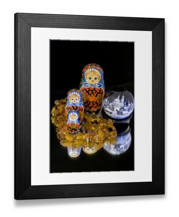 Framed Print : Russia, Russian handicrafts. Unique round painted lacquer box, amber & matryoshka dolls Framed Print : Russia, Russian handicrafts. Unique round painted lacquer box, amber & matryoshka dolls