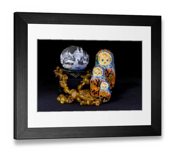 Framed Print : Russia, Russian handicrafts. Unique round painted Russian lacquer box, amber & matryoshka dolls Framed Print : Russia, Russian handicrafts. Unique round painted Russian lacquer box, amber & matryoshka dolls