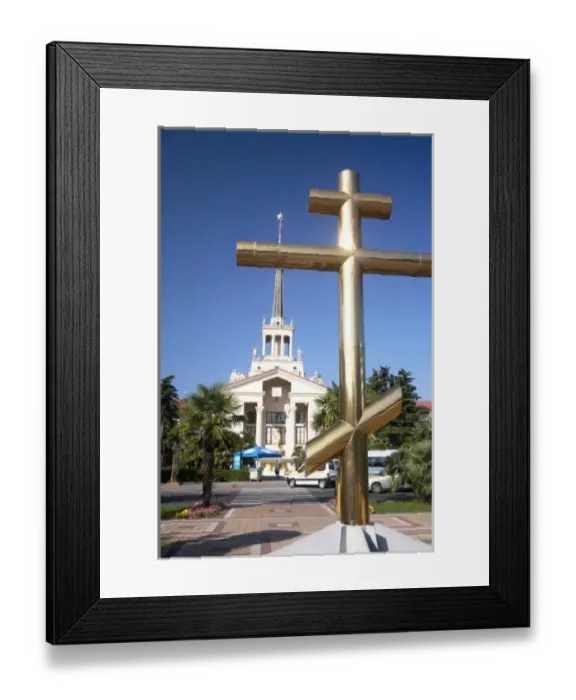 Framed Print : Golden cross of the Russian Orthodox Church at park in front of the Harbor Building