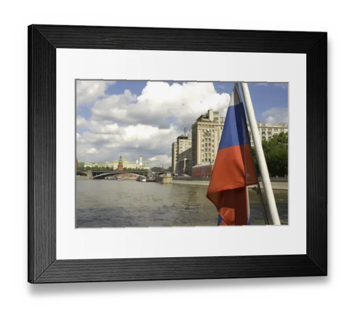 Framed Print : Russia. Moscow. Russian flag and the Moscow River from a tour boat Framed Print : Russia. Moscow. Russian flag and the Moscow River from a tour boat