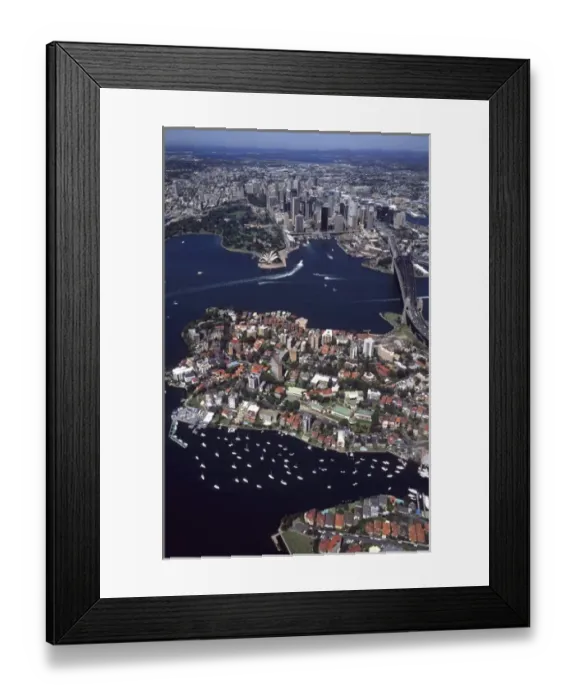 Framed Print : Beautiful Sydney Australia harbor with skyline and downtown from above shot from airplane Framed Print : Beautiful Sydney Australia harbor with skyline and downtown from above shot from airplane