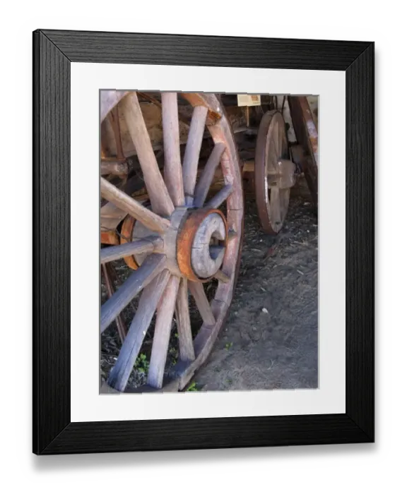 Framed Print : Wood and metal spoked wheels of Two Horse Buggy in Buggy Shed of Telegraph Station Framed Print : Wood and metal spoked wheels of Two Horse Buggy in Buggy Shed of Telegraph Station