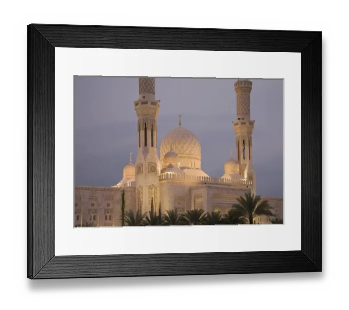 Framed Print : UAE, Dubai. Mosque illuminated at sunset