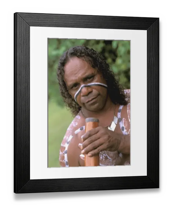 Framed Print : Australia, Queensland, Caims, Aboriginal Native with Didgeridoo, Model released (MR) Framed Print : Australia, Queensland, Caims, Aboriginal Native with Didgeridoo, Model released (MR)