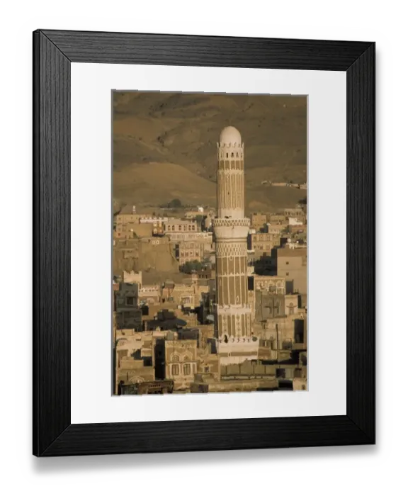 Framed Print : Asia, Yemen, Sana a. Old city and mosque minaret