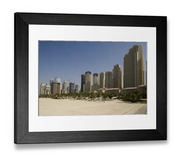 Framed Print : UAE, Dubai, Marina. Jumeirah Beach Residence buildings behind beach area Framed Print : UAE, Dubai, Marina. Jumeirah Beach Residence buildings behind beach area