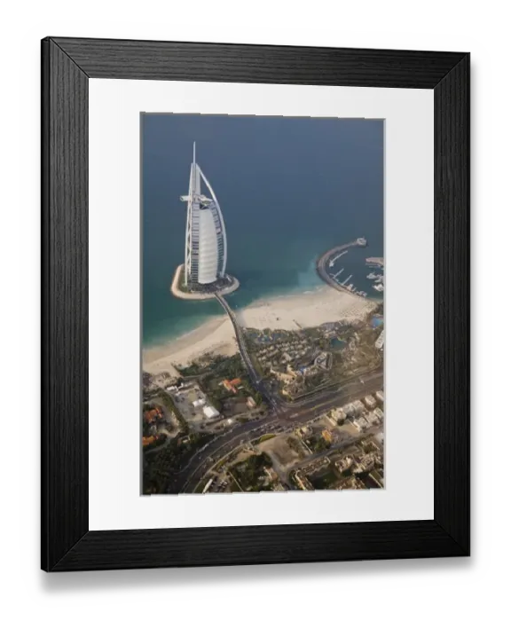 Framed Print : UAE, Dubai. Aerial image of Burj al Arab Hotel and Wild Wadi Water Park on Jumeirah Beach