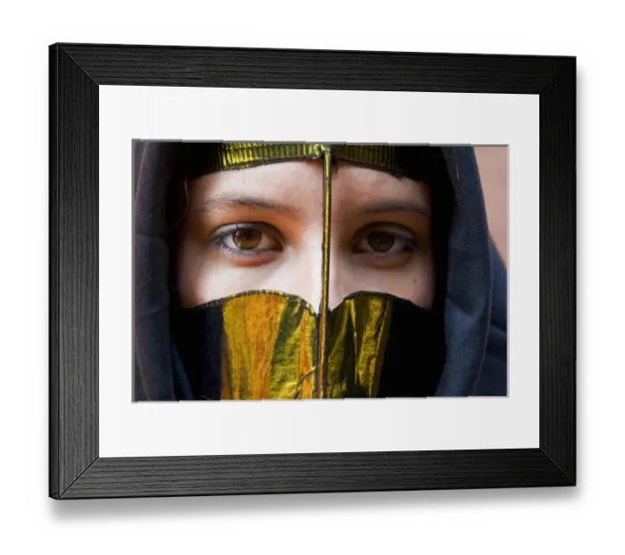 Framed Print : A young woman in traditional arab mask (bathoula) and dress, Dubai, United Arab Emirates