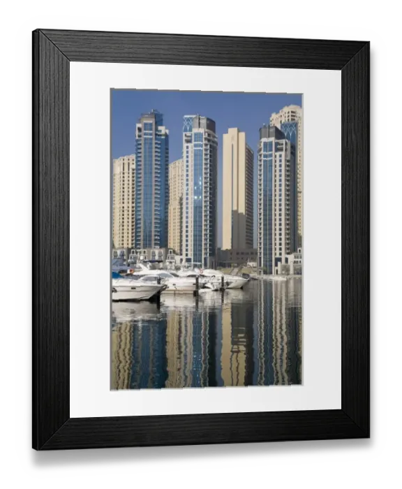 Framed Print : UAE, Dubai. Marina towers with boats at anchor Framed Print : UAE, Dubai. Marina towers with boats at anchor