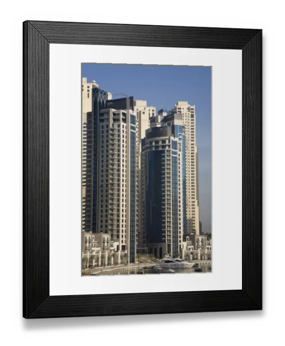 Framed Print : UAE, Dubai. Marina towers with boats at anchor Framed Print : UAE, Dubai. Marina towers with boats at anchor
