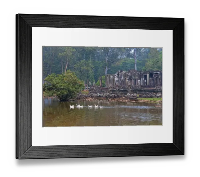 Framed Print : Bayon Temple with ducks in river in Siem Reap, Cambodia Framed Print : Bayon Temple with ducks in river in Siem Reap, Cambodia
