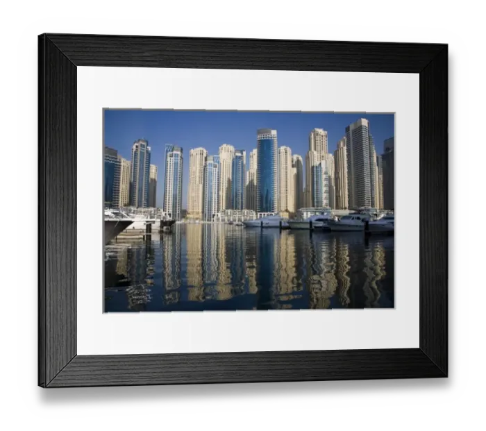 Framed Print : UAE, Dubai. Marina towers with boats at anchor