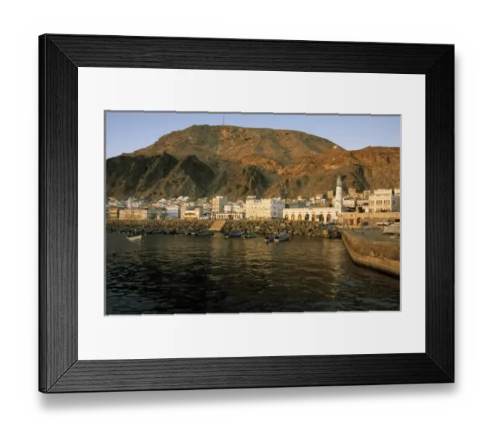 Framed Print : Asia, Yemen, Al-Mukalla. Sunrise on boats in cape