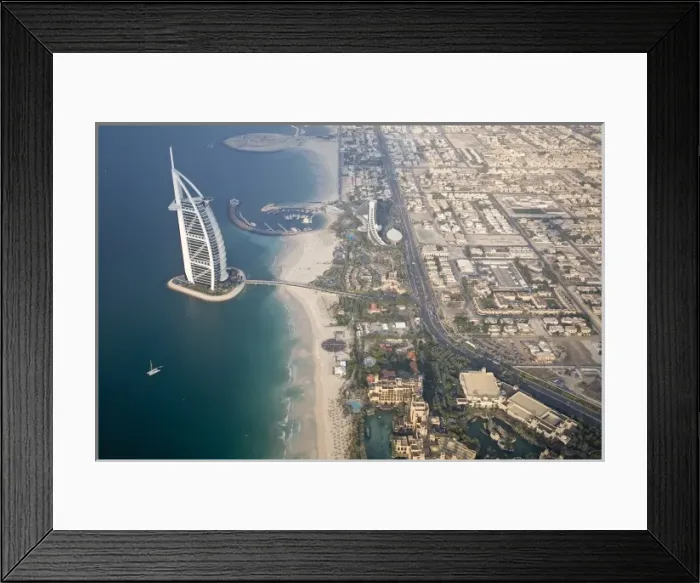 Framed Print : UAE, Dubai. Aerial image of Burj al Arab Hotel and surrounding neighborhood