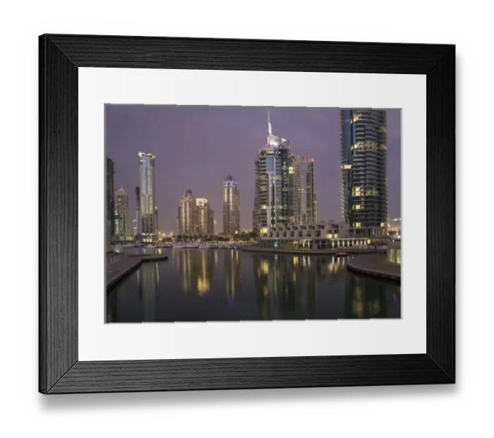 Framed Print : UAE, Dubai, Marina. Tower lights reflect on marina water at night Framed Print : UAE, Dubai, Marina. Tower lights reflect on marina water at night