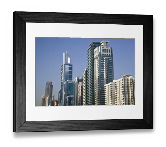 Framed Print : United Arab Emirates, Dubai, Dubai City. Sheik Zayed Road Highrises / Morning Framed Print : United Arab Emirates, Dubai, Dubai City. Sheik Zayed Road Highrises / Morning