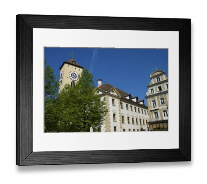 Framed Print : Europe, Germany, Bavaria, Regensburg, clock tower and German architecture Framed Print : Europe, Germany, Bavaria, Regensburg, clock tower and German architecture