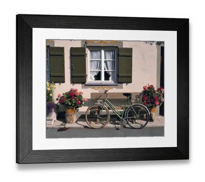 Framed Print : Germany, Bavaria, Obergammergau. A bicycle awaits its rider outside a shop in Oberammergau