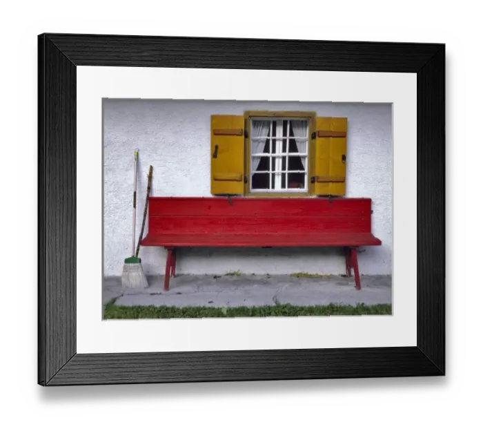 Framed Print : Germany, Bavaria, Almbachklamm. A bright red bench welcomes visitors to this home Framed Print : Germany, Bavaria, Almbachklamm. A bright red bench welcomes visitors to this home