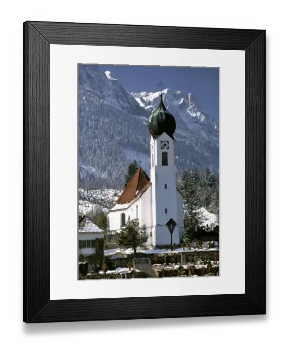 Framed Print : Germany, Bavaria, Obergrainau. Snow covers the mountains behind the church at Obergrainau Framed Print : Germany, Bavaria, Obergrainau. Snow covers the mountains behind the church at Obergrainau