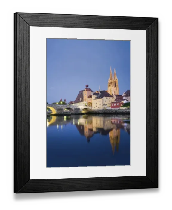 Framed Print : Germany, Regensburg, Old Town Skyline with St. Peters Cathedral & Danube River