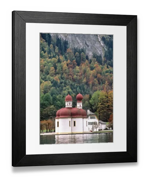 Framed Print : Germany, Bavaria, Konigsee. The quaint Chapel of St. Bartholoma is nestled in a maple
