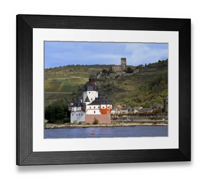 Framed Print : Germany, Kaub, The Pfalz Castle in the Foreground, Gutenfels Castle on the Hill Above Framed Print : Germany, Kaub, The Pfalz Castle in the Foreground, Gutenfels Castle on the Hill Above
