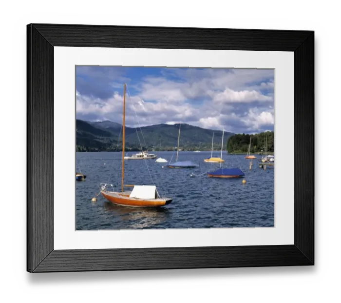 Framed Print : Germany, Bavaria, Tegernsee. Small ferries connect villages on the Tegernsee in Bavaria, Germany