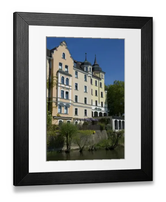 Framed Print : Europe, Germany, Bavaria, Regensburg, hotel and restaurant along Danube River