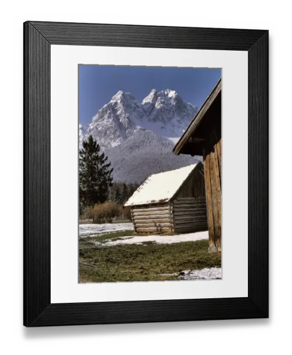 Framed Print : Germany, Bavaria, Zugspitze. A light snow covers the roofs of hay barns near Framed Print : Germany, Bavaria, Zugspitze. A light snow covers the roofs of hay barns near