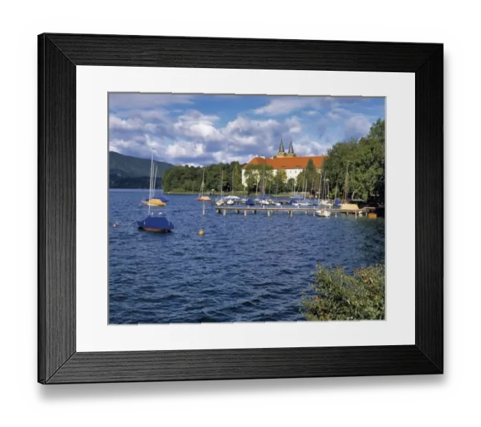 Framed Print : Germany, Bavaria, Tegernsee. Boats are secured in a marina near the Imperial Abbey Framed Print : Germany, Bavaria, Tegernsee. Boats are secured in a marina near the Imperial Abbey