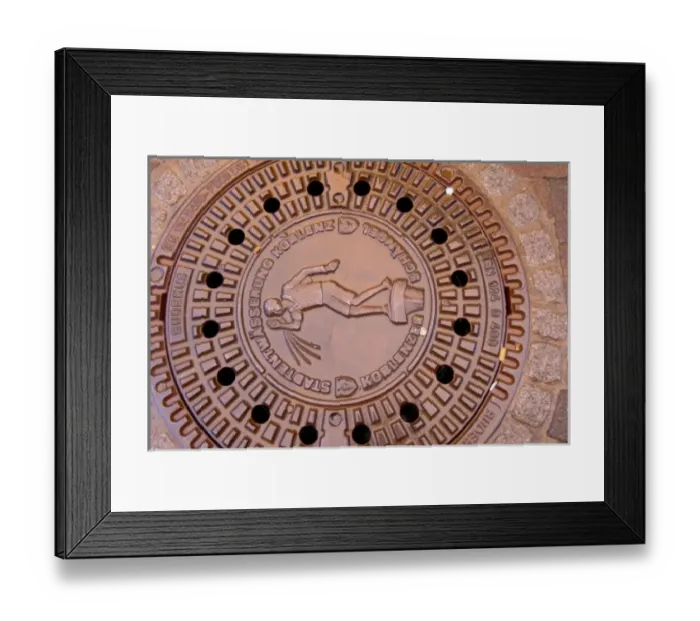 Framed Print : Europe, Germany, Rheinland-Pfalz, Koblenz, street sewer lid for town water supply Framed Print : Europe, Germany, Rheinland-Pfalz, Koblenz, street sewer lid for town water supply
