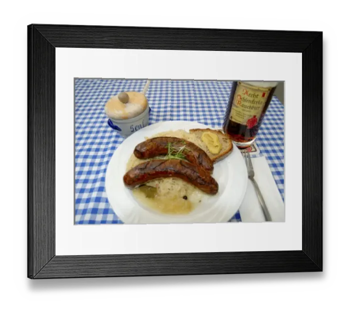 Framed Print : Europe, Germany, Bavaria, Bamberg, Traditional lunch of sausage, sauerkraut and beer Framed Print : Europe, Germany, Bavaria, Bamberg, Traditional lunch of sausage, sauerkraut and beer