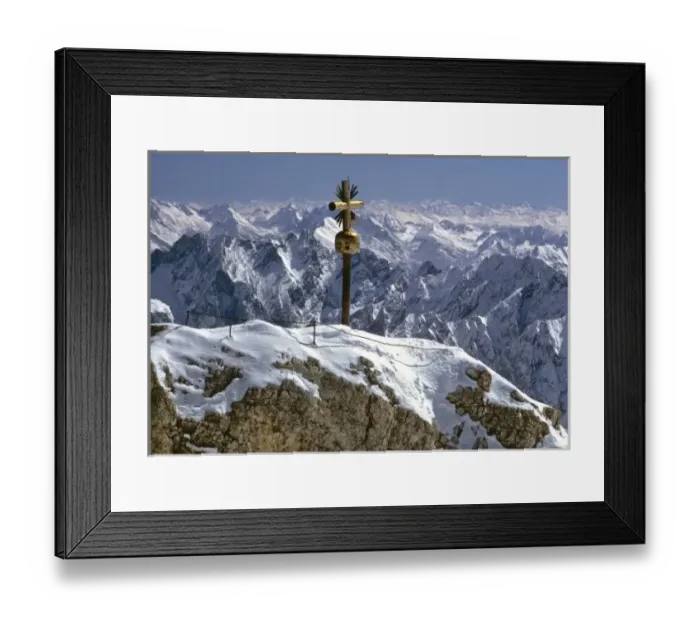 Framed Print : Germany, Bavaria, Zugspitze. Snow covers the peak of the Zugspitze near the cross
