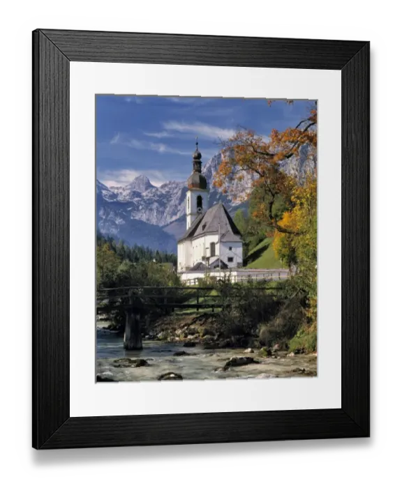 Framed Print : Germany, Bavaria, Ramsau. The Ramsauer Ache flows by the church, or Kunterwegkirche