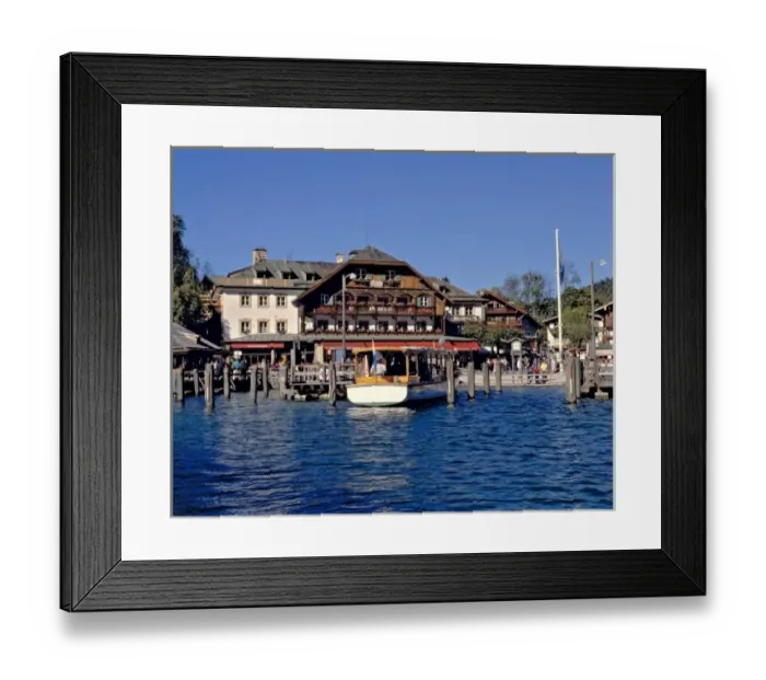 Framed Print : Germany, Bavaria, Konigsee. A quaint hotel marks the end of the boat ride down Framed Print : Germany, Bavaria, Konigsee. A quaint hotel marks the end of the boat ride down