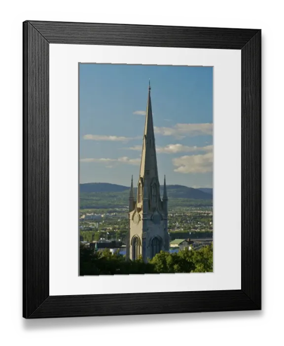 Framed Print : North America, Canada, Quebec, Old Quebec City. Church spire with mountains in disatnace