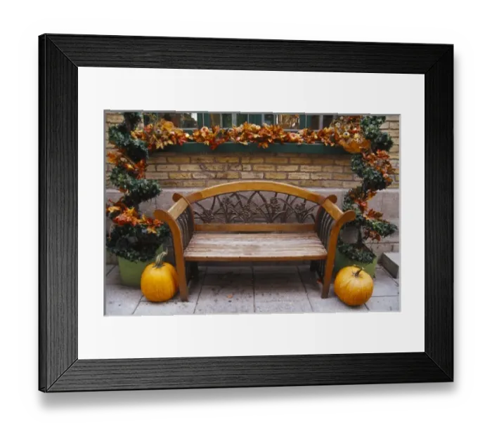 Framed Print : Canada, Quebec, Quebec City. Bench with autumn leaves and pumpkins Framed Print : Canada, Quebec, Quebec City. Bench with autumn leaves and pumpkins