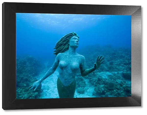 Cayman Islands, Grand Cayman Island, Underwater view mermaid sculpture in shallow