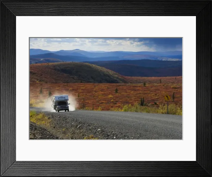 Framed Print : Pickup camper driving on the Top of the World Highway between Dawson City / Yukon Framed Print : Pickup camper driving on the Top of the World Highway between Dawson City / Yukon