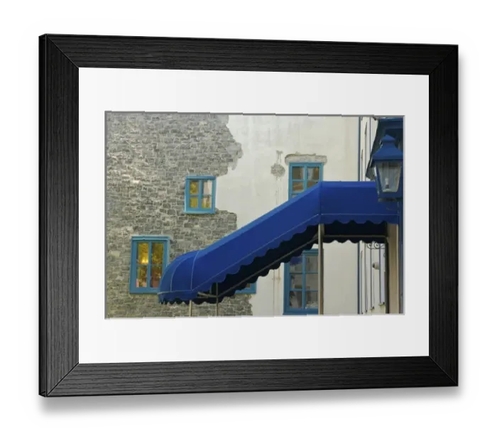 Framed Print : North America, Canada, Quebec, Old Quebec City. Blue awning and trim, and a wall of stucco