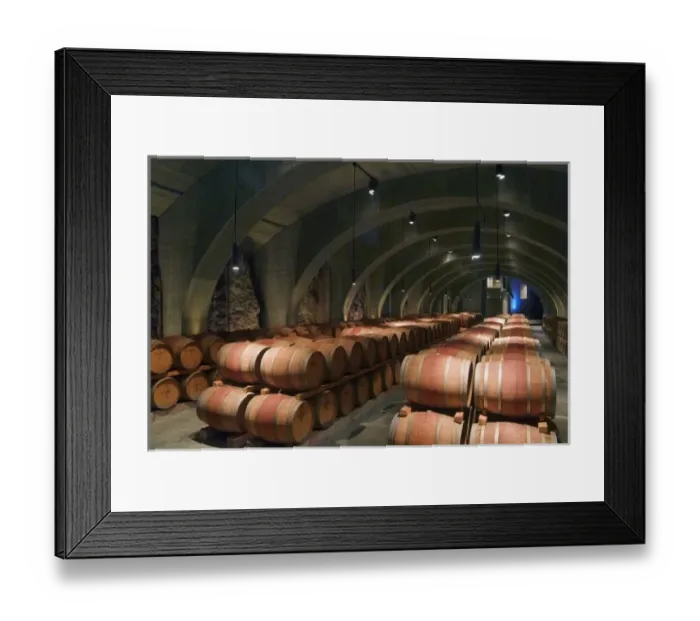 Framed Print : Concrete Roman arches support the ceiling in the cave barrel cellar of Mission Hill