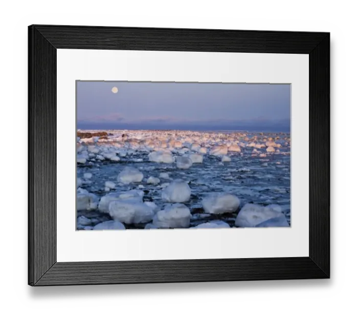 Framed Print : Canada, Hudson Bay. Sunset and full moon rising on ice-covered rocks Framed Print : Canada, Hudson Bay. Sunset and full moon rising on ice-covered rocks